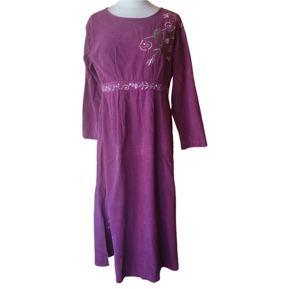 1990s‎ Khaki Rose Floral, Corduroy A-Line Dress